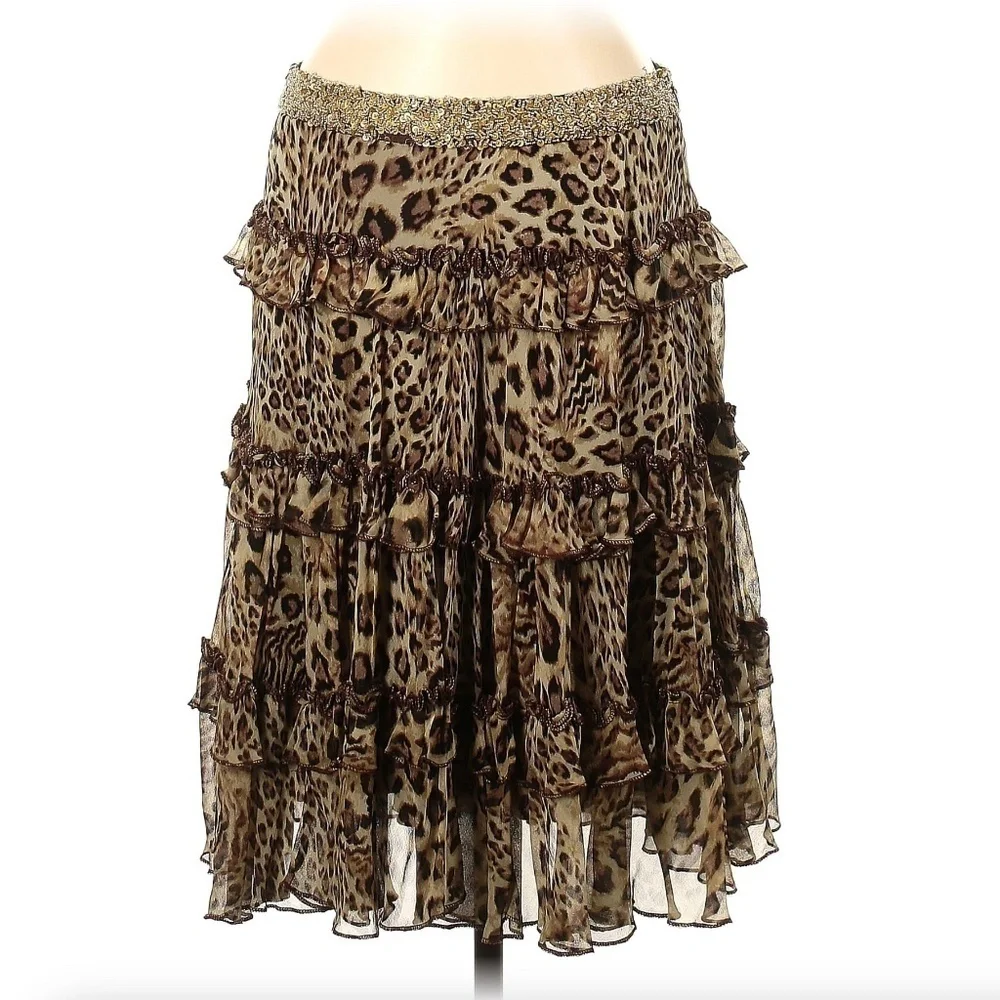 Vintage Robert Rodriguez Silk Embellished Tiered Leopard Print Beaded Skirt 31